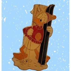 Vintage Skiing Donald Duck Enamel Pin Stud Brooch Ski Button 2000 Skis Poles